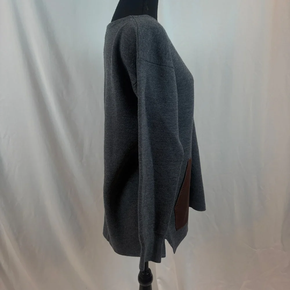 J. Crew Womens Merino Wool Leather Pocket Sweater Gray Pullover Size Medium